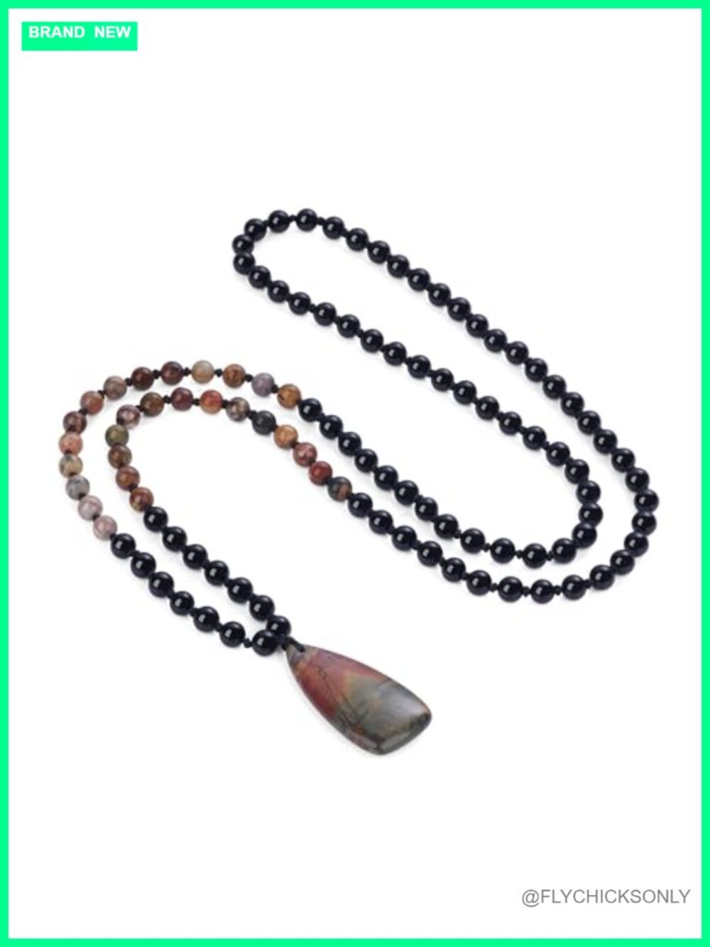 108 Mala Beaded Necklace Onyx Picasso Jasper Teardrop Pendant Meditation Yoga